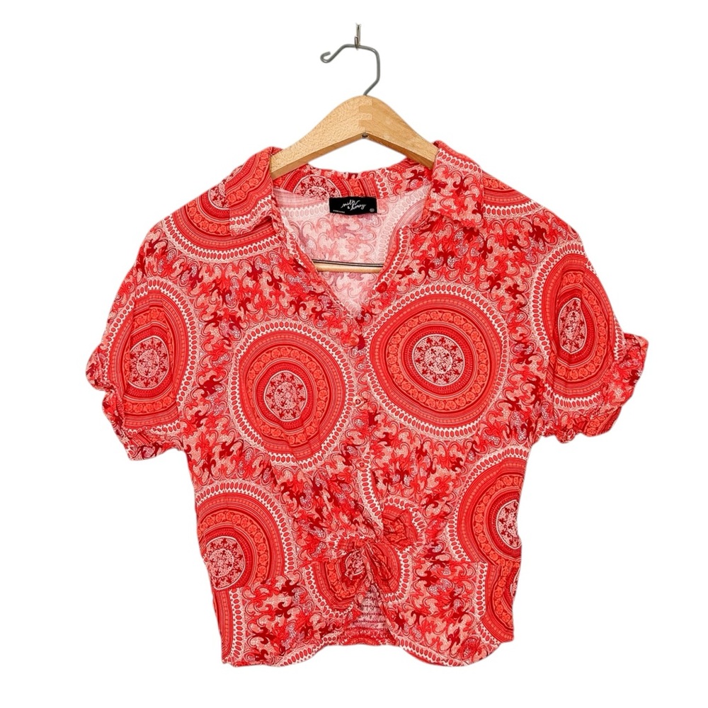 Milk & Honey Tie Front‎ Short Sleeve Button Front Colorful Printed Cropped Top M